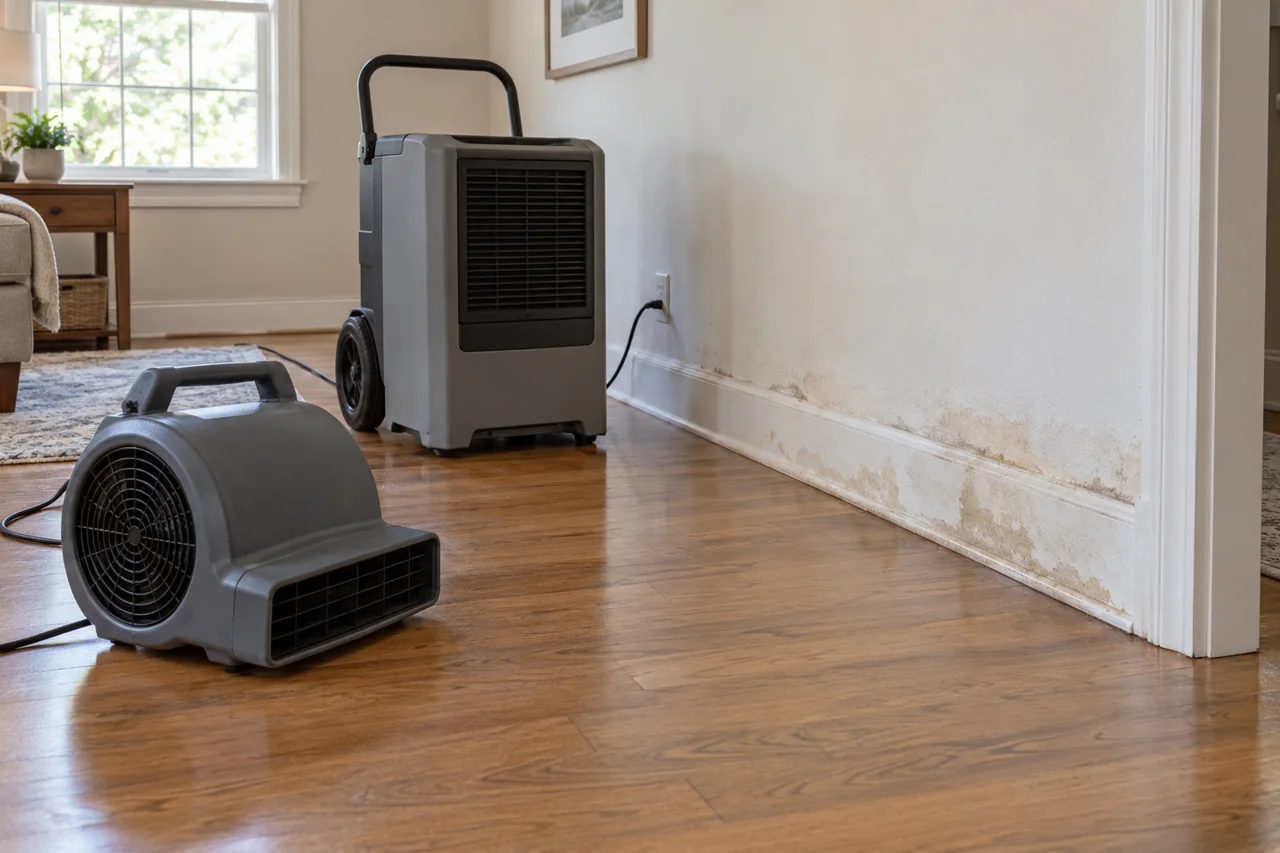 Drying equipment placed beside an affected wall